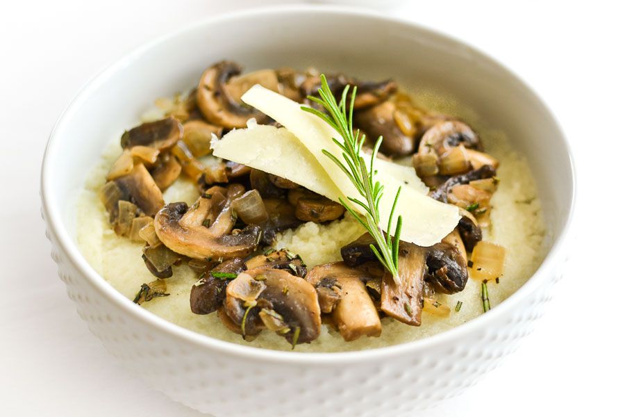 Pecorino mashed cauliflower with sherry-rosemary mushrooms