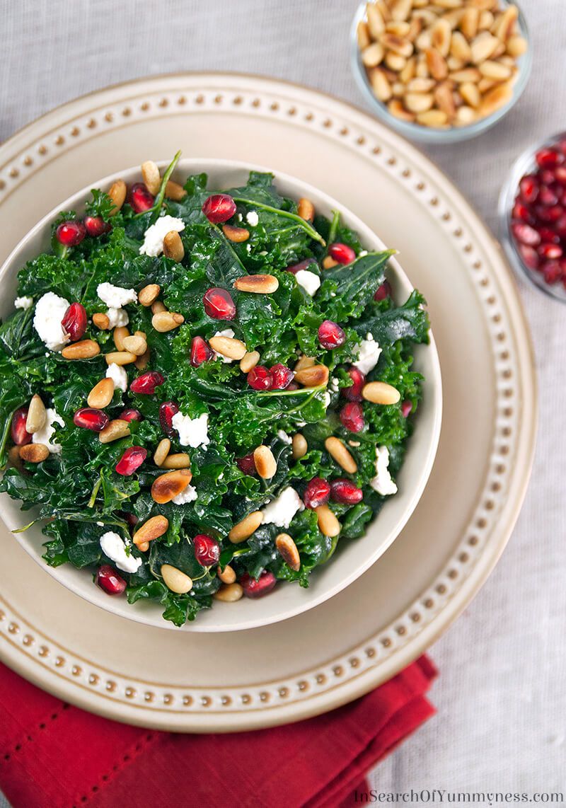 Massaged kale salad with pine nuts and pomegranate