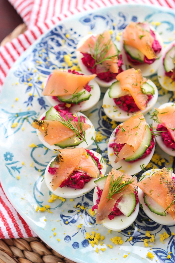 Deviled eggs with beets and smoked salmon