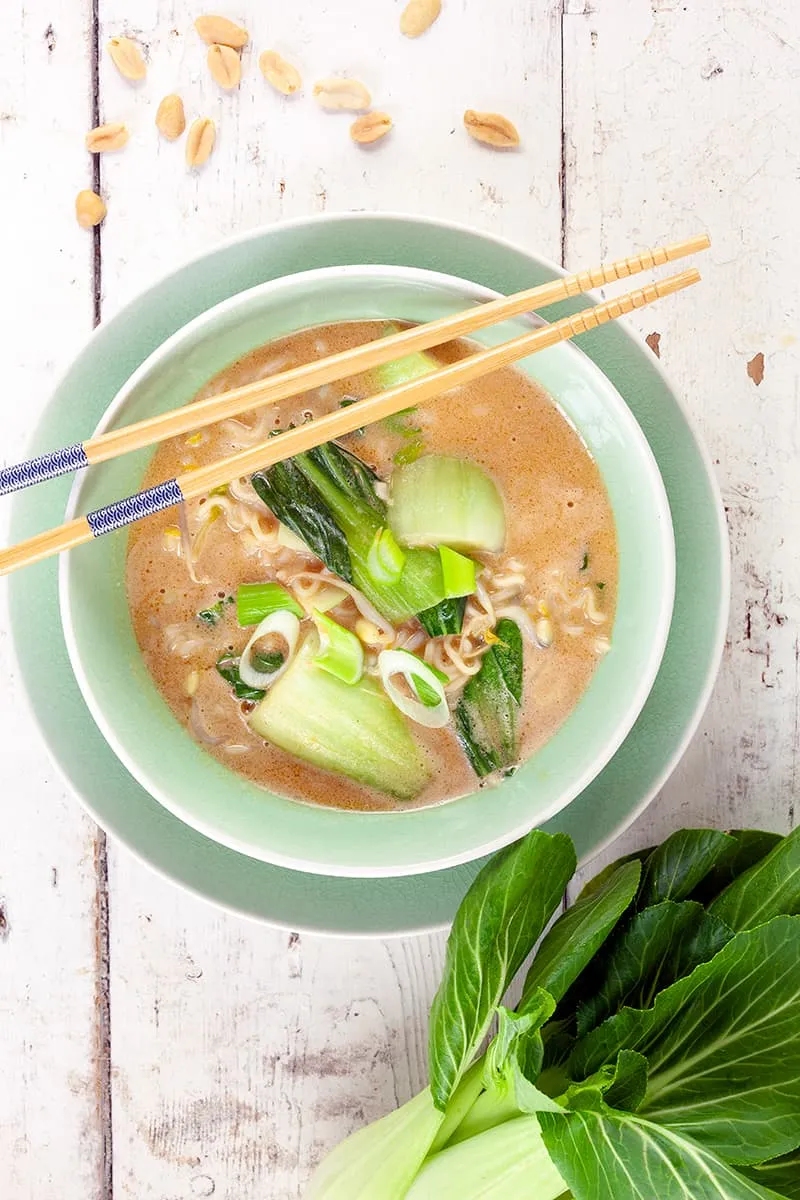 Peanut noodle soup with bok choy