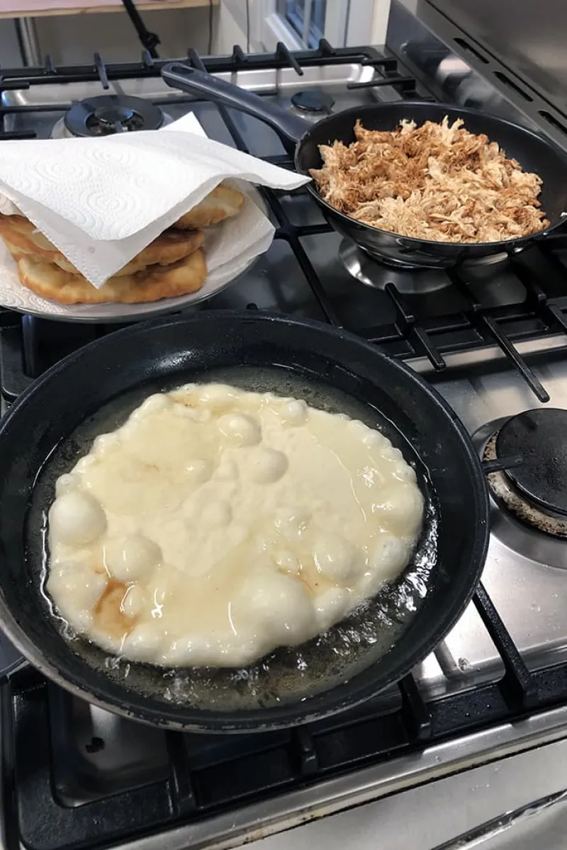 Deep frying chicken chalupas