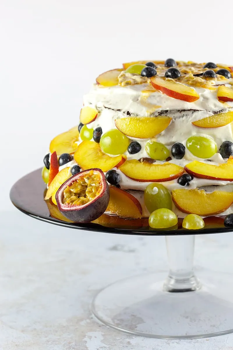 Fruit cake with whipped cream