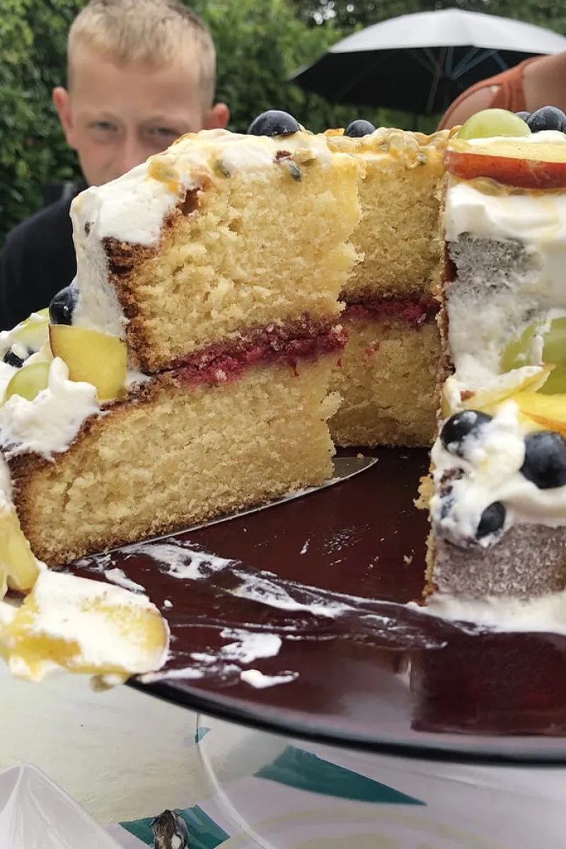 Inside of the fruit cake with whipped cream