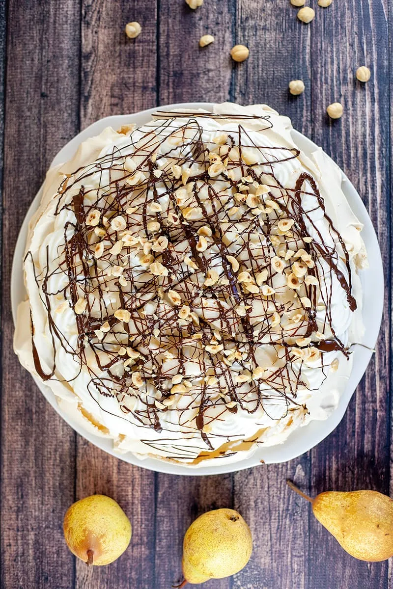 Pear and hazelnut pavlova