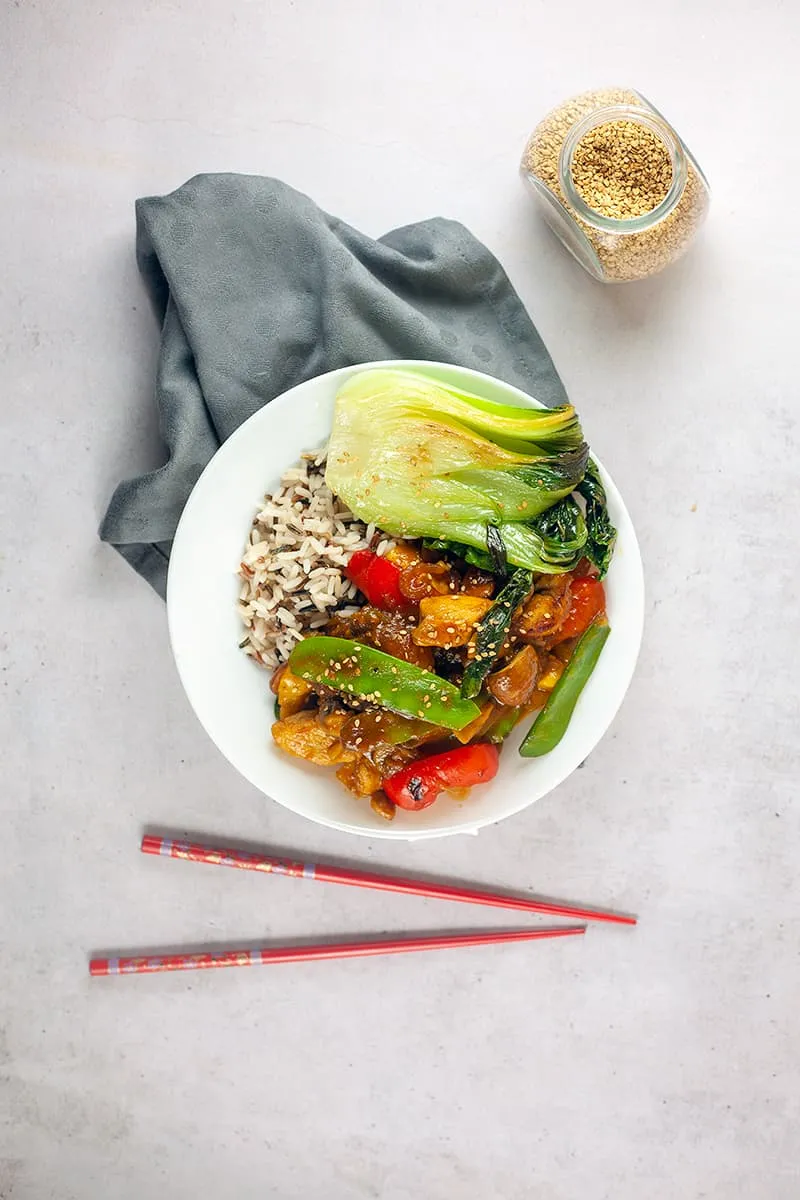Sweet and sour chicken with bok choy and mango