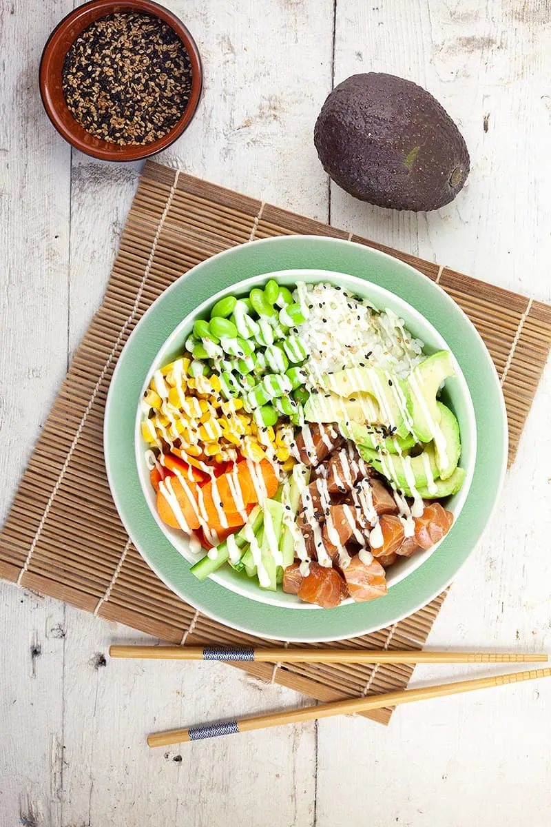 Salmon and avocado poké bowl