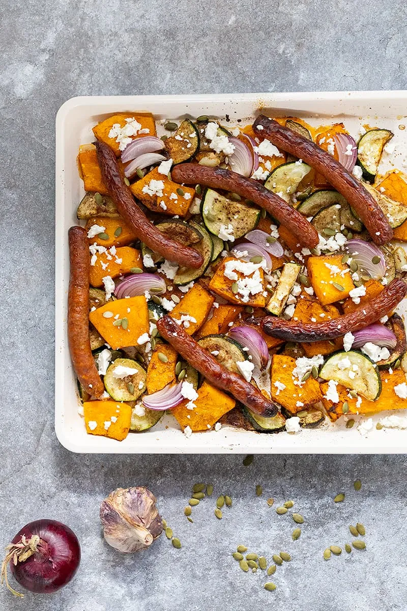 Pumpkin and merguez sausage traybake