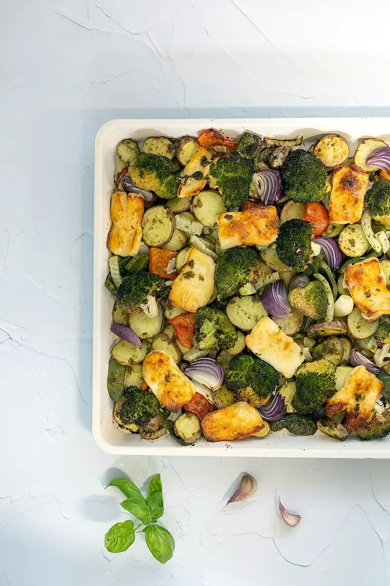 Vegetarian traybake with halloumi