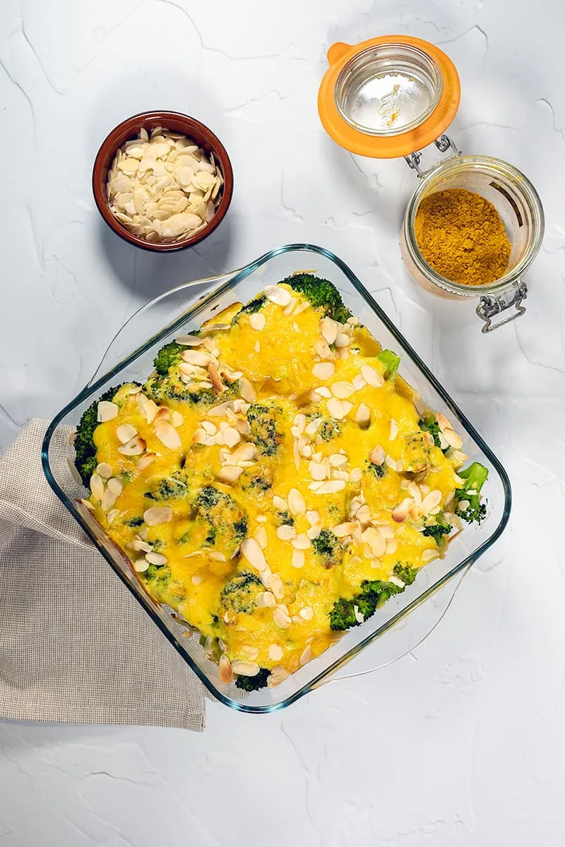 Homemade broccoli casserole with cheese sauce