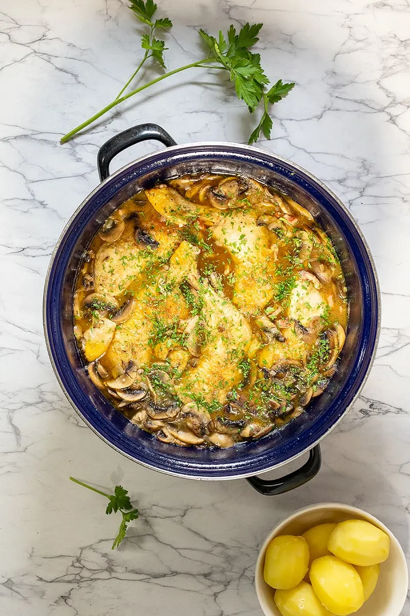 Coq au vin blanc - tender chicken in white wine