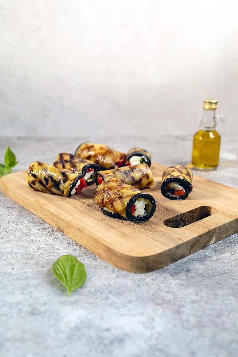 Grilled eggplant roll-ups are an easy appetizer