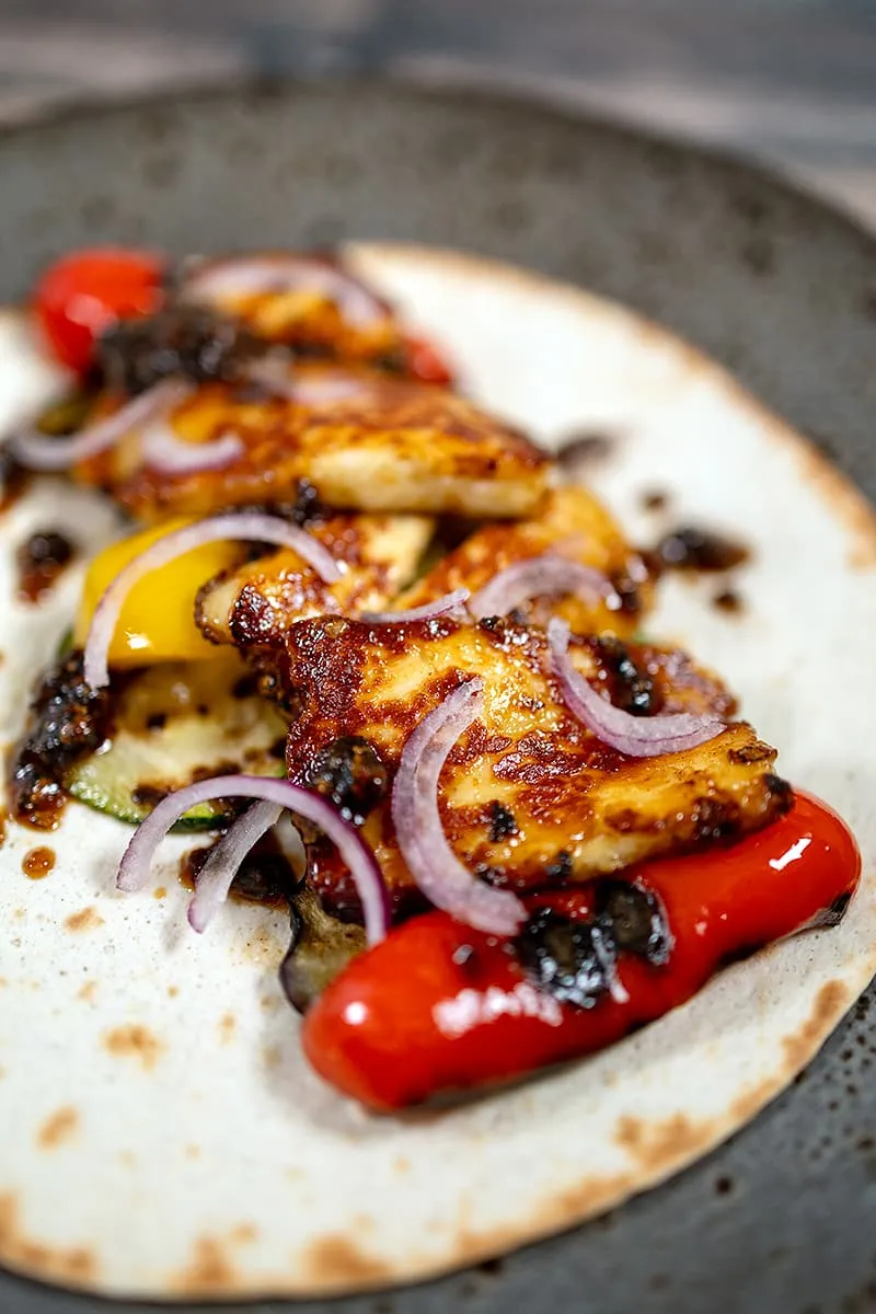 Grilled halloumi and vegetable wraps with chipotle sauce