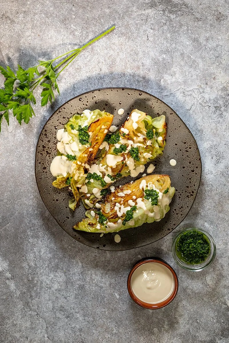 Pan-fried hispi cabbage with tahini sauce - an amazing side dish