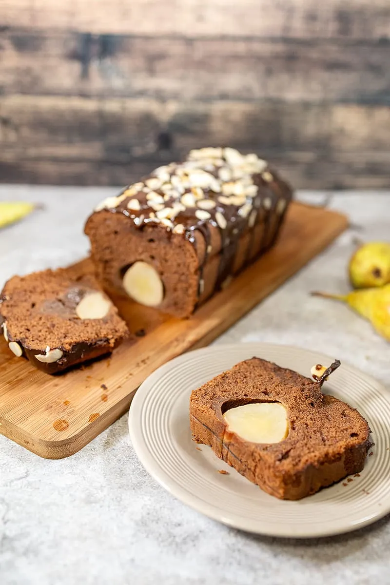 Pear and chocolate loaf cake with ganache