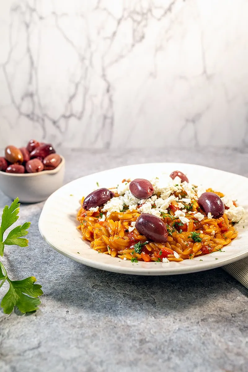 Whole wheat tomato orzo - served with feta and olives