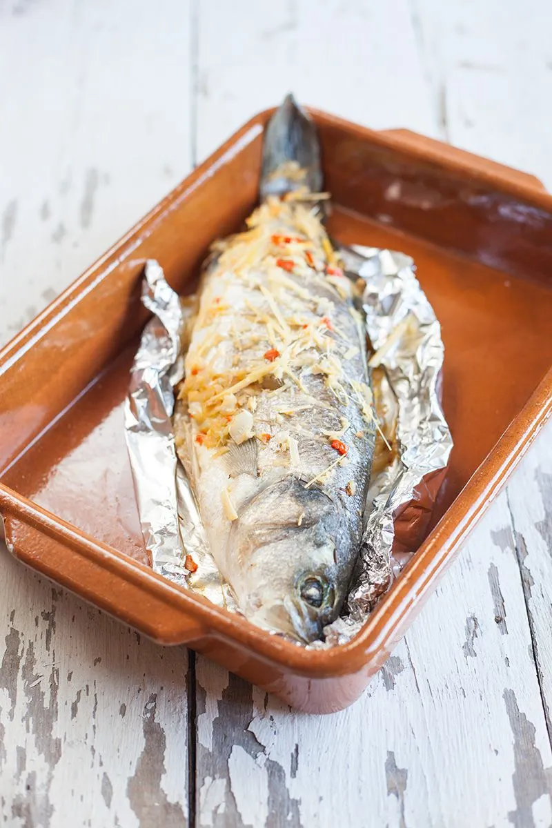 Baked sea bass with lemongrass and ginger