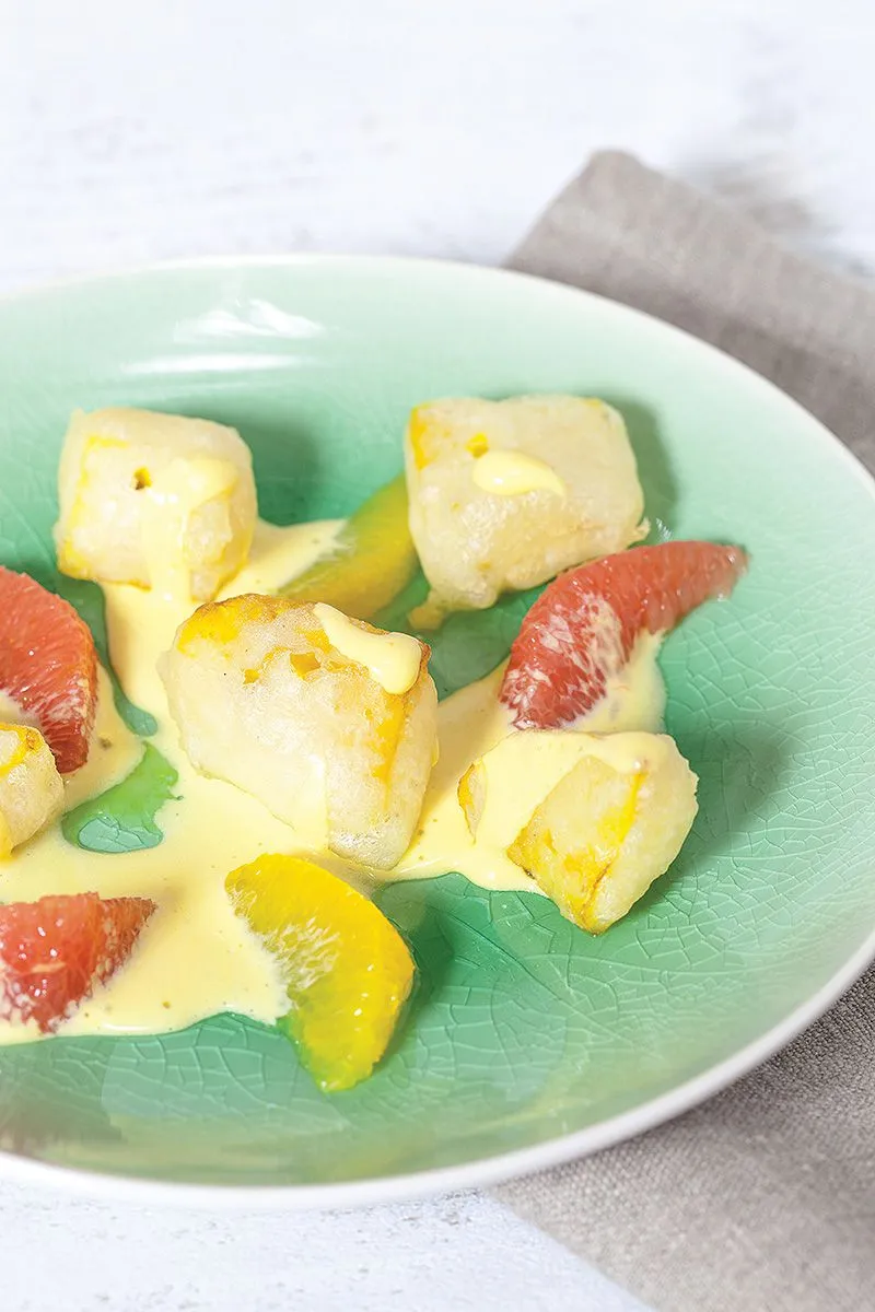 Mango tempura with citrus sabayon