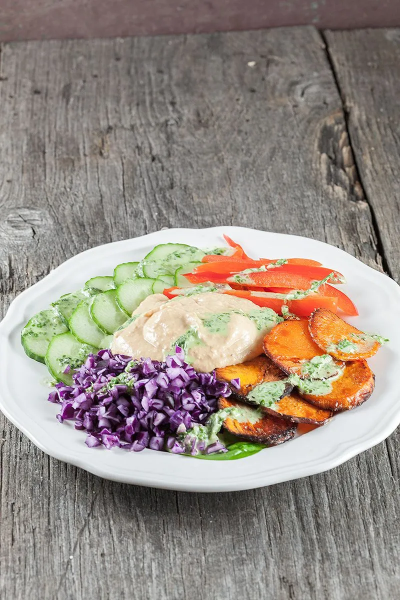 Hummus and baked sweet potato salad