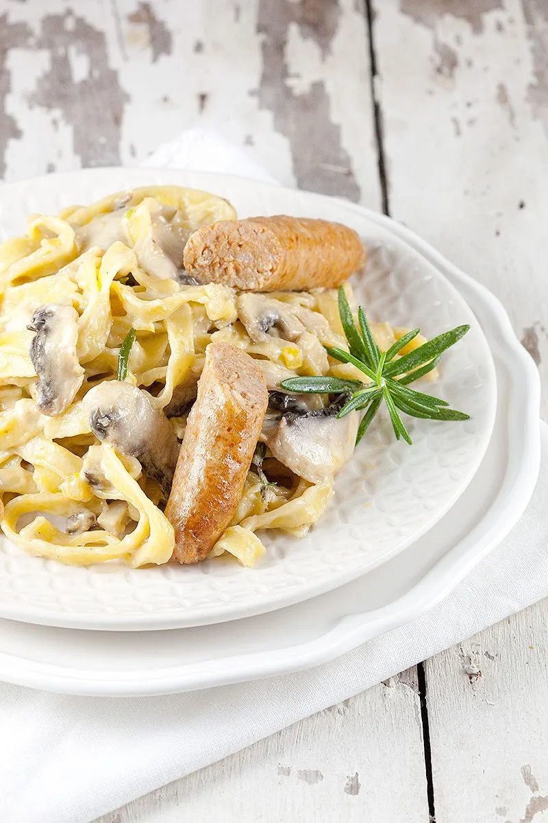 Creamy mushroom pasta with chipolata sausages