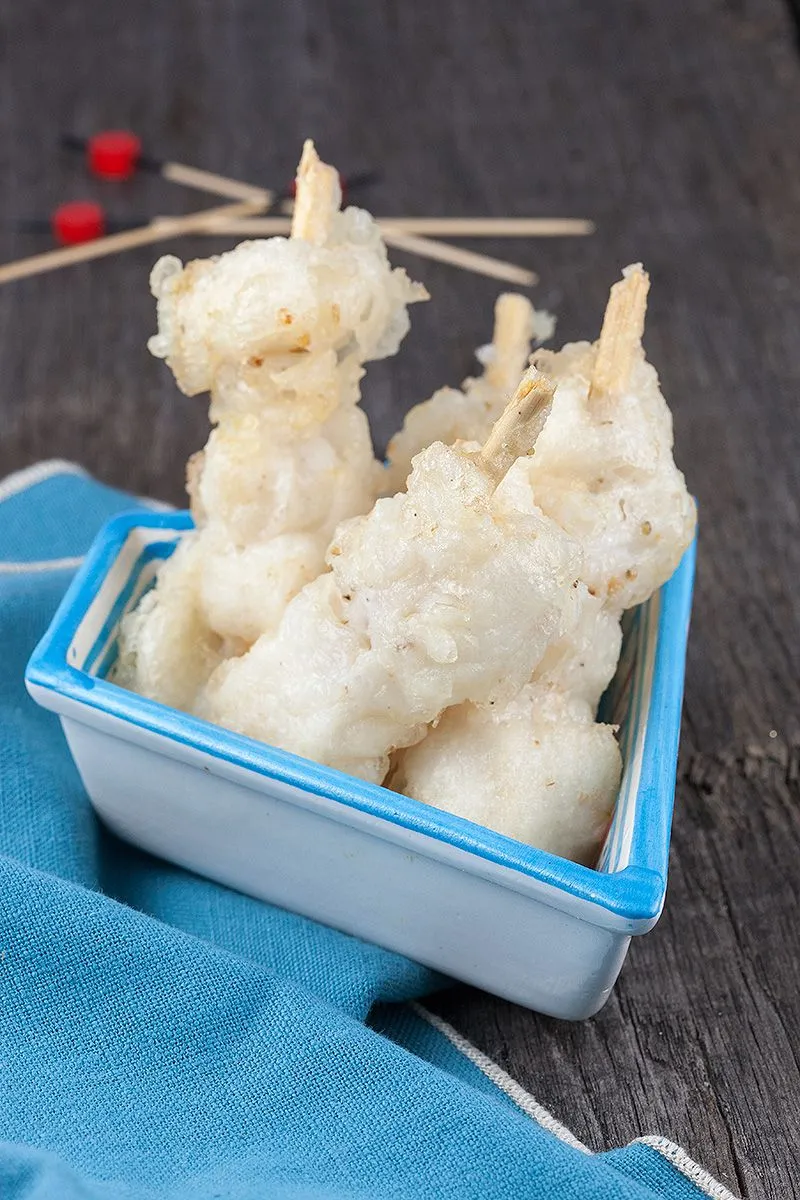 Tempura pangasius skewers