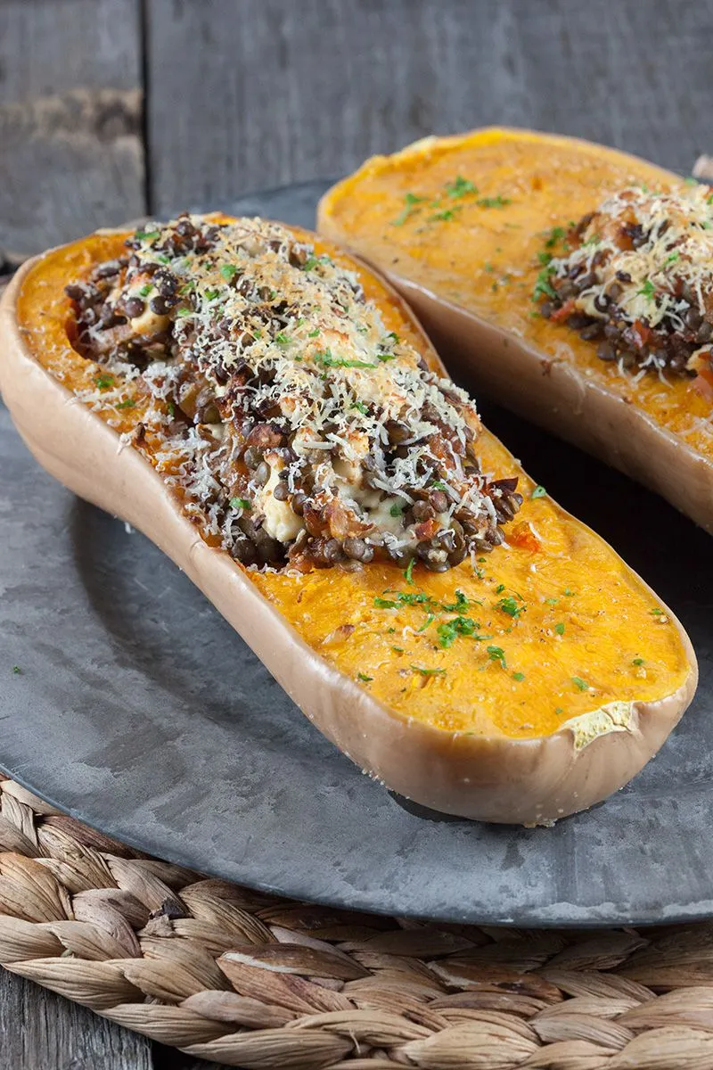 Roasted butternut squash filled with lentils and feta