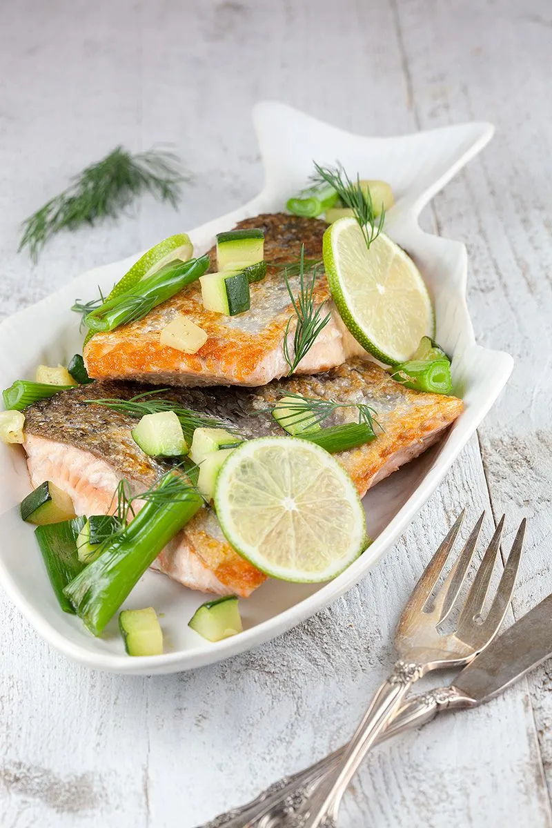 Skin baked salmon with scallions and lime