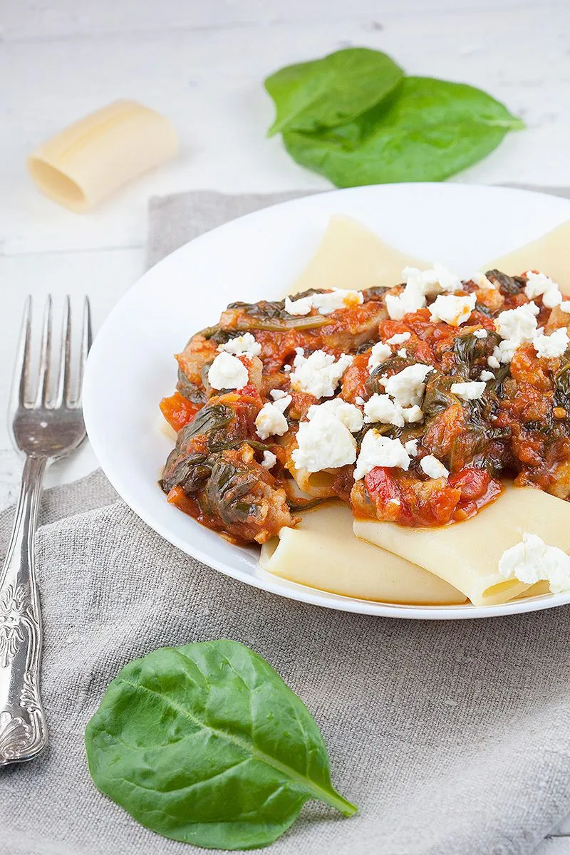 Pork sausage, tomato and spinach pasta