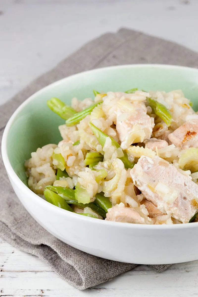 Salmon and flat bean risotto