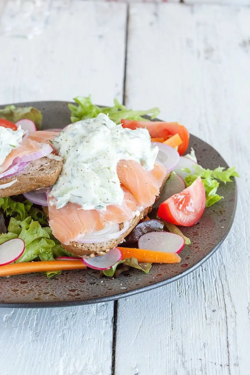 Smoked salmon and cucumber cream cheese sandwich