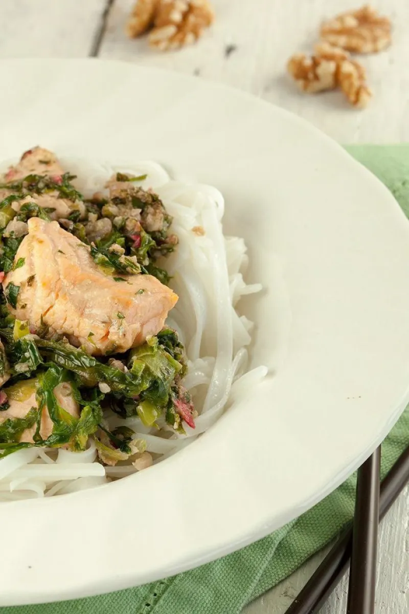Salmon with escarole and rice noodles