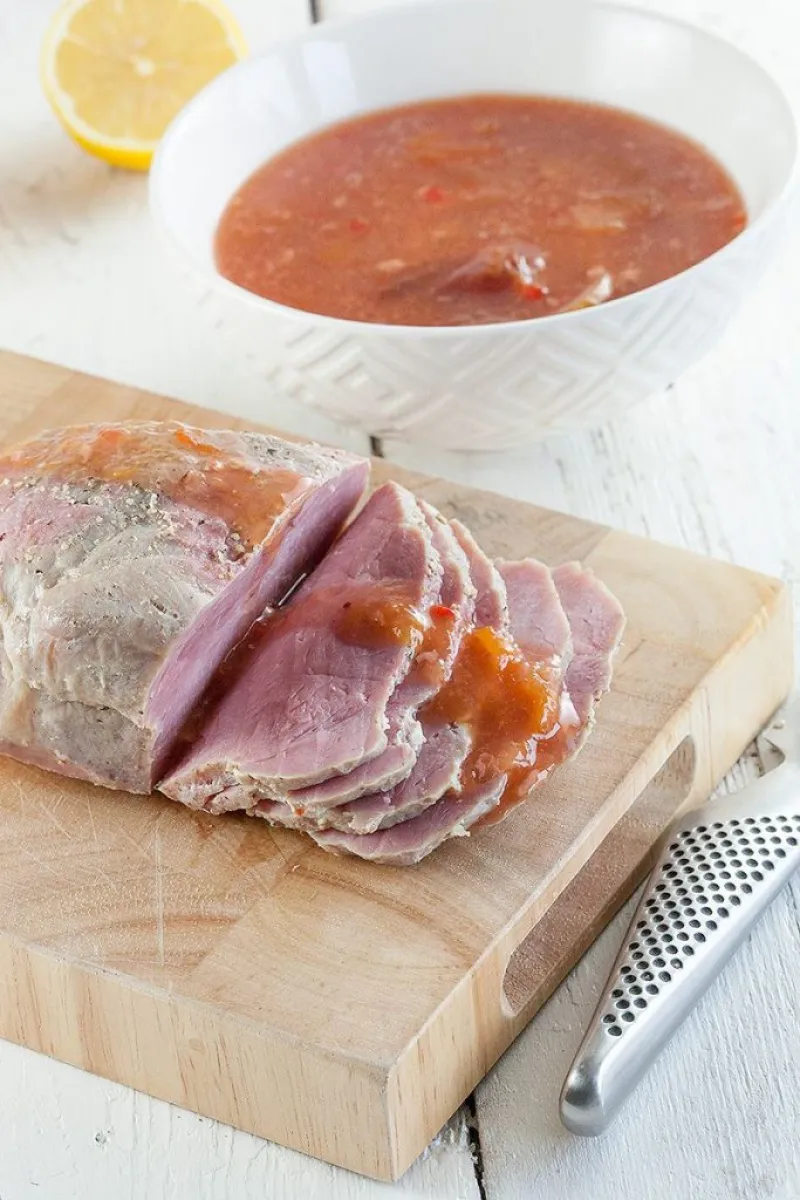 Slow cooked ham with plums and lemon