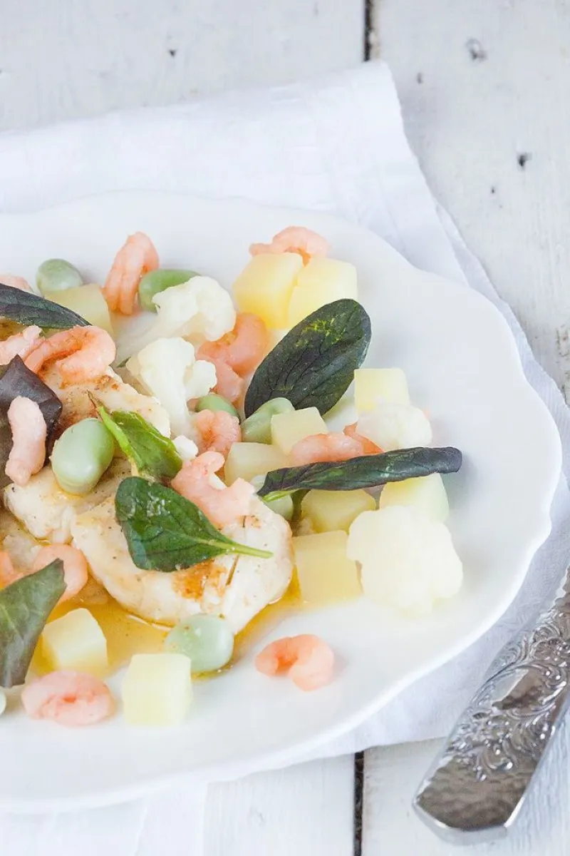 Cod with broad beans and cauliflower