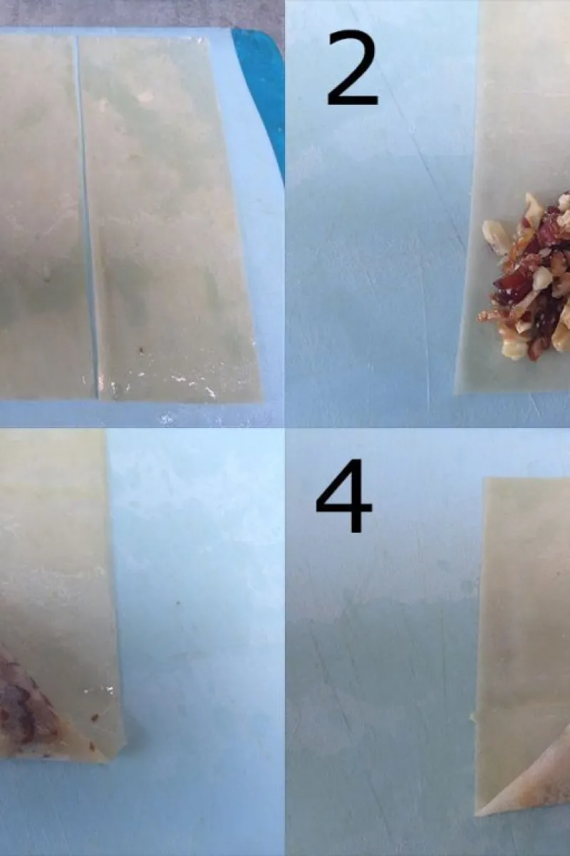 Folding the date and walnut filo pastries