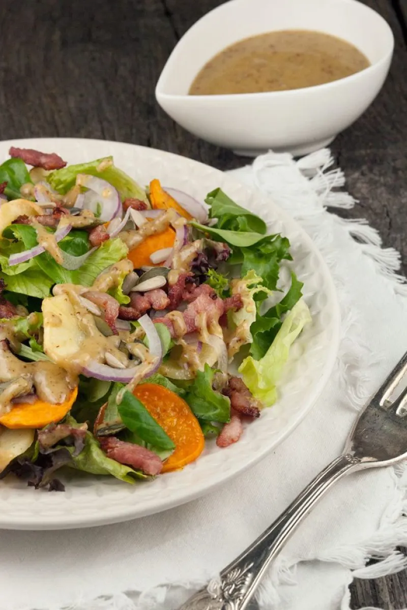Autumn salad with warm coarse mustard dressing