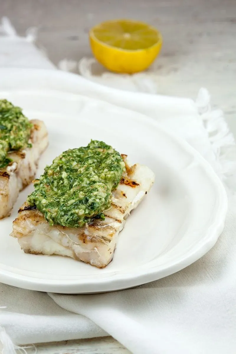 Barbecued cod with walnut pesto