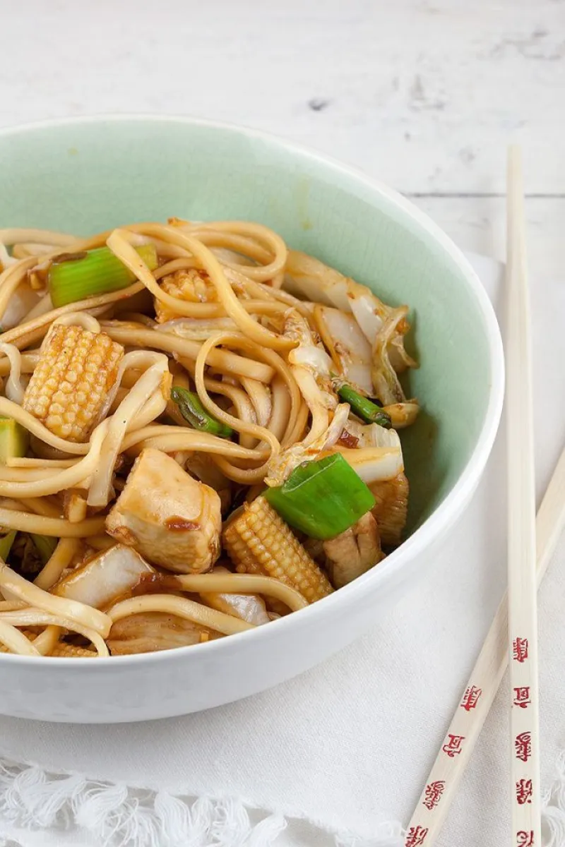 Chicken, noodles and baby corn stir-fry