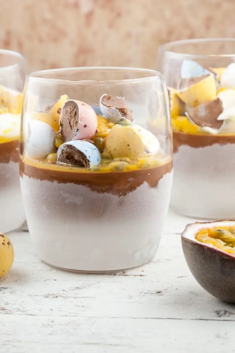 Chocolate parfait with passion fruit