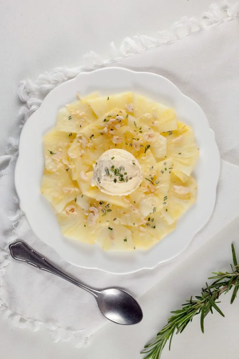 Pineapple carpaccio and rosemary ice cream