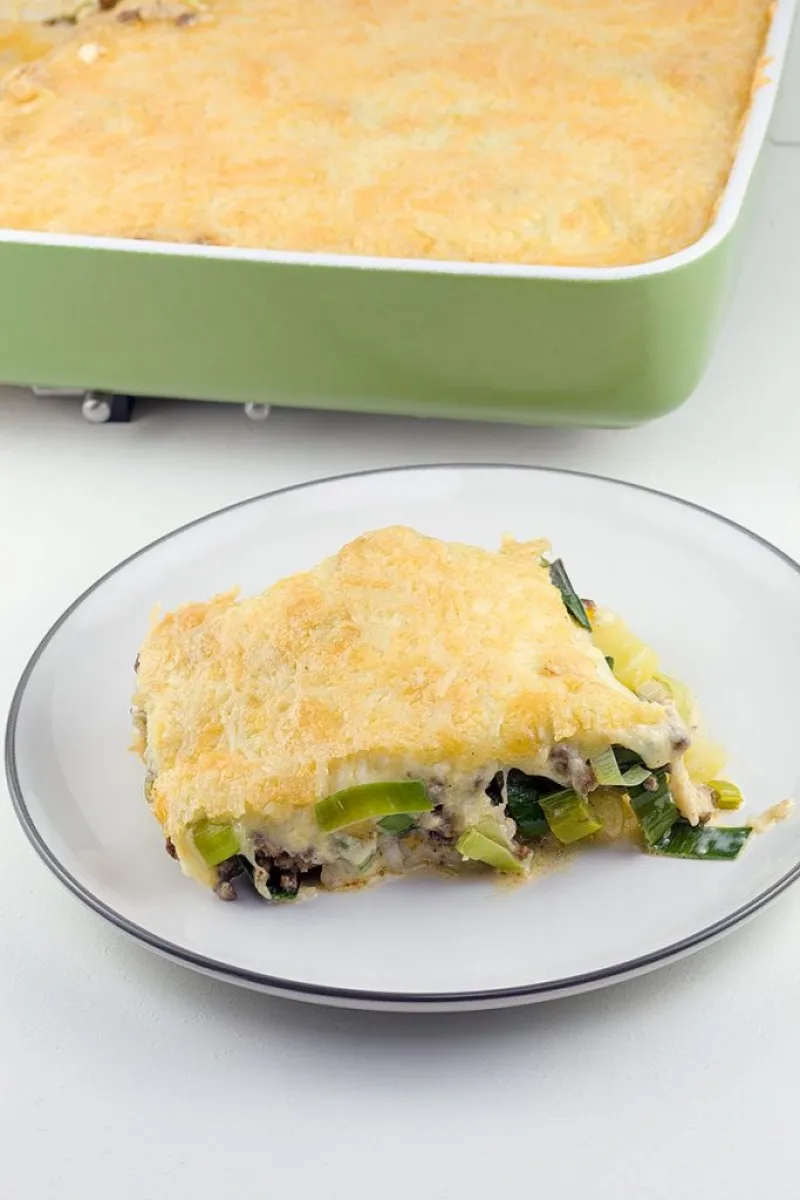 Leek, potato and minced beef bake