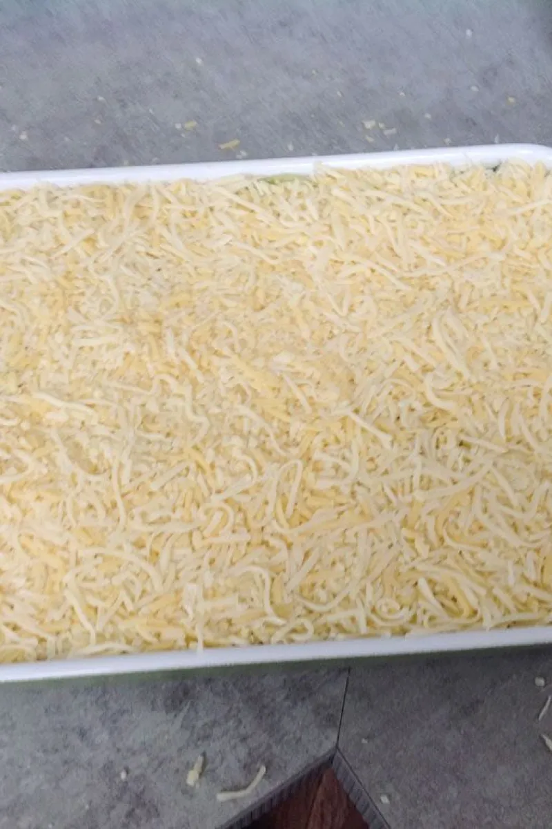 Leek, potato and minced beef bake covered with cheese