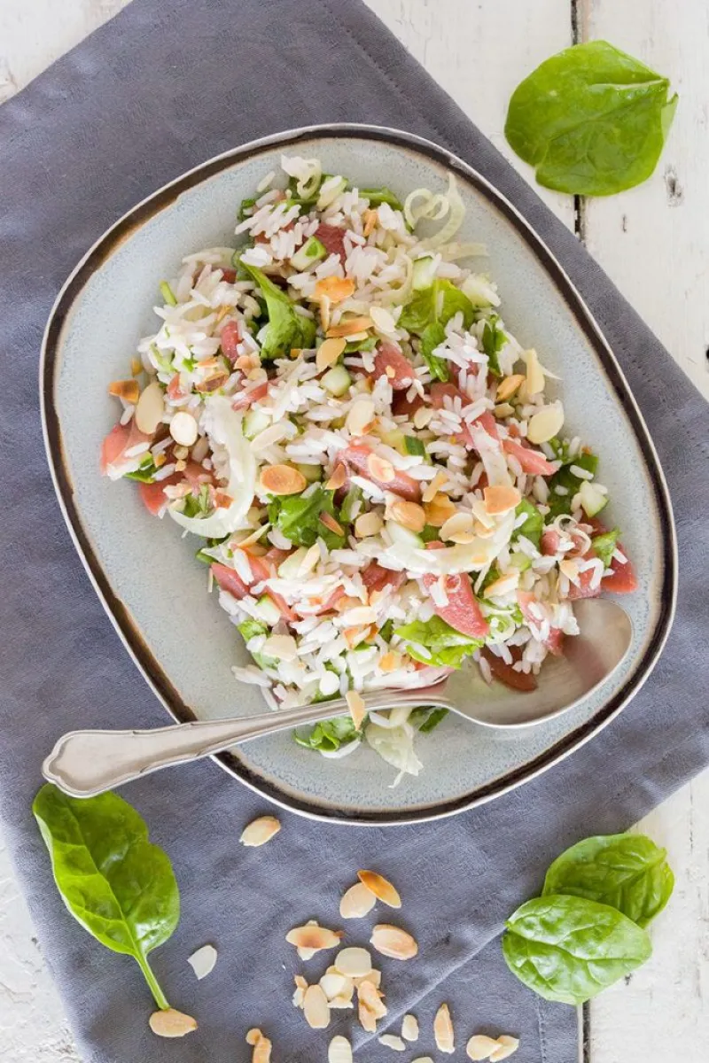 Rice salad with poached pears