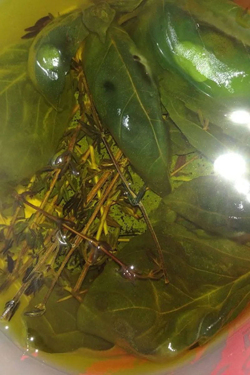 Spiced salad dressing marinating