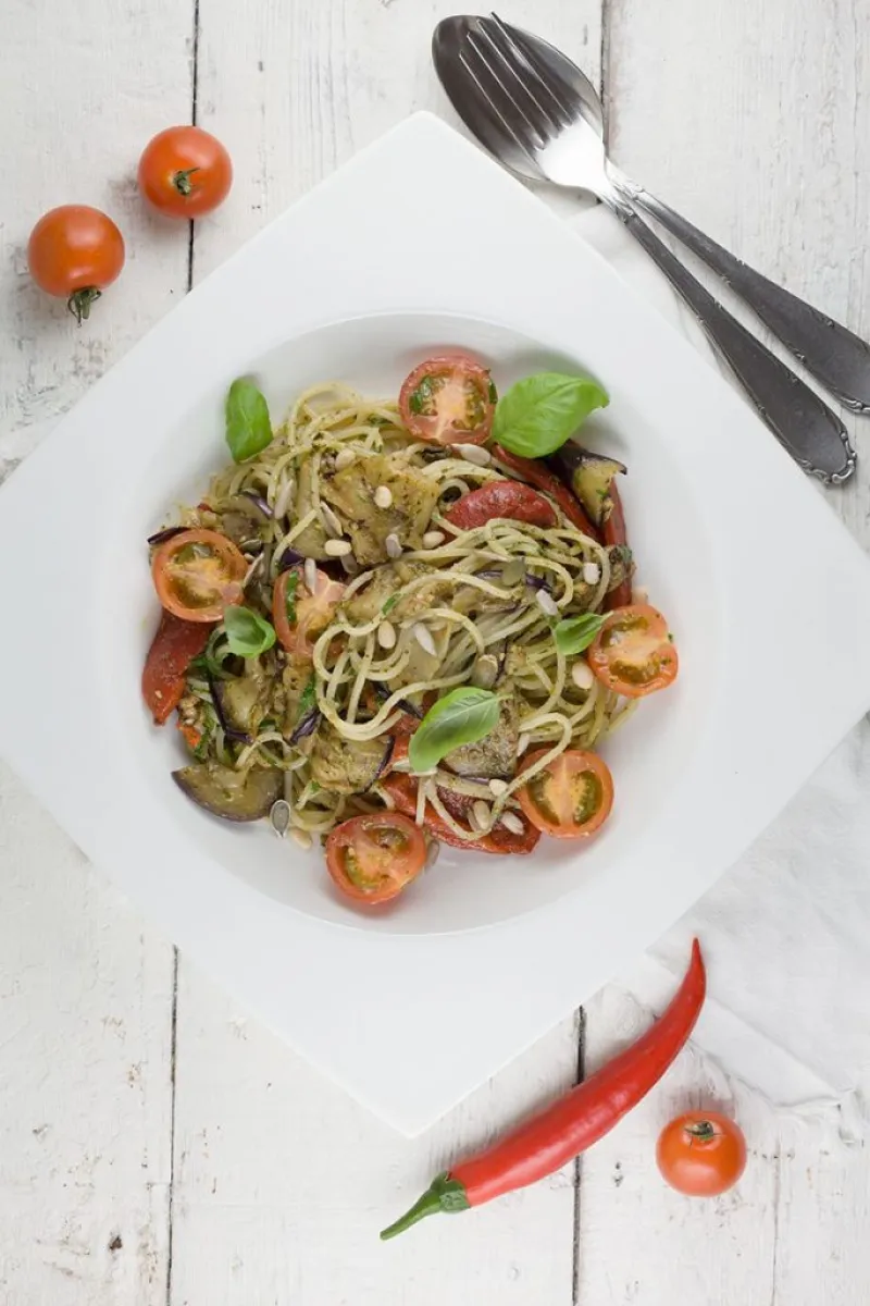 Pesto pasta with roasted vegetables