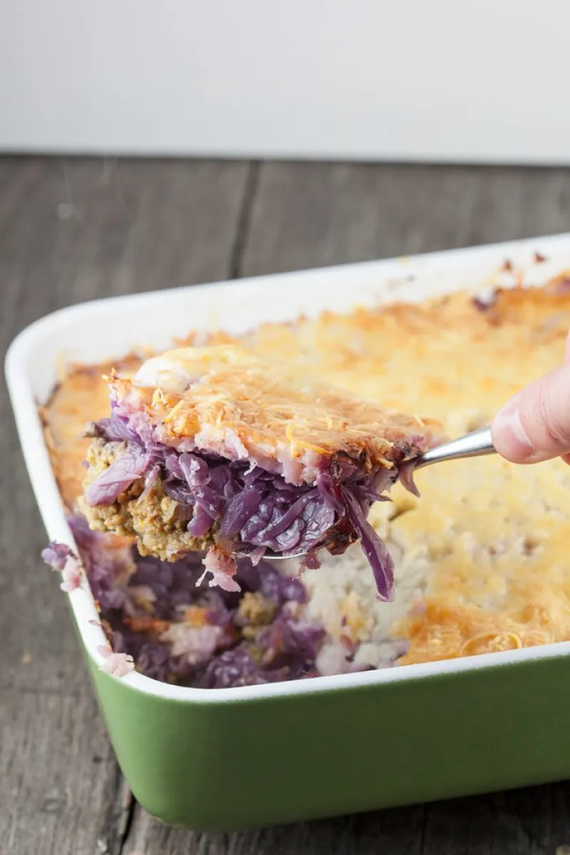 Oxheart cabbage, ground beef and celery root casserole