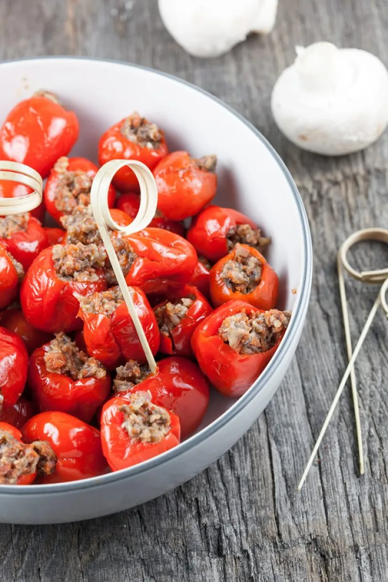 Stuffed peppadew peppers with chorizo and mushrooms