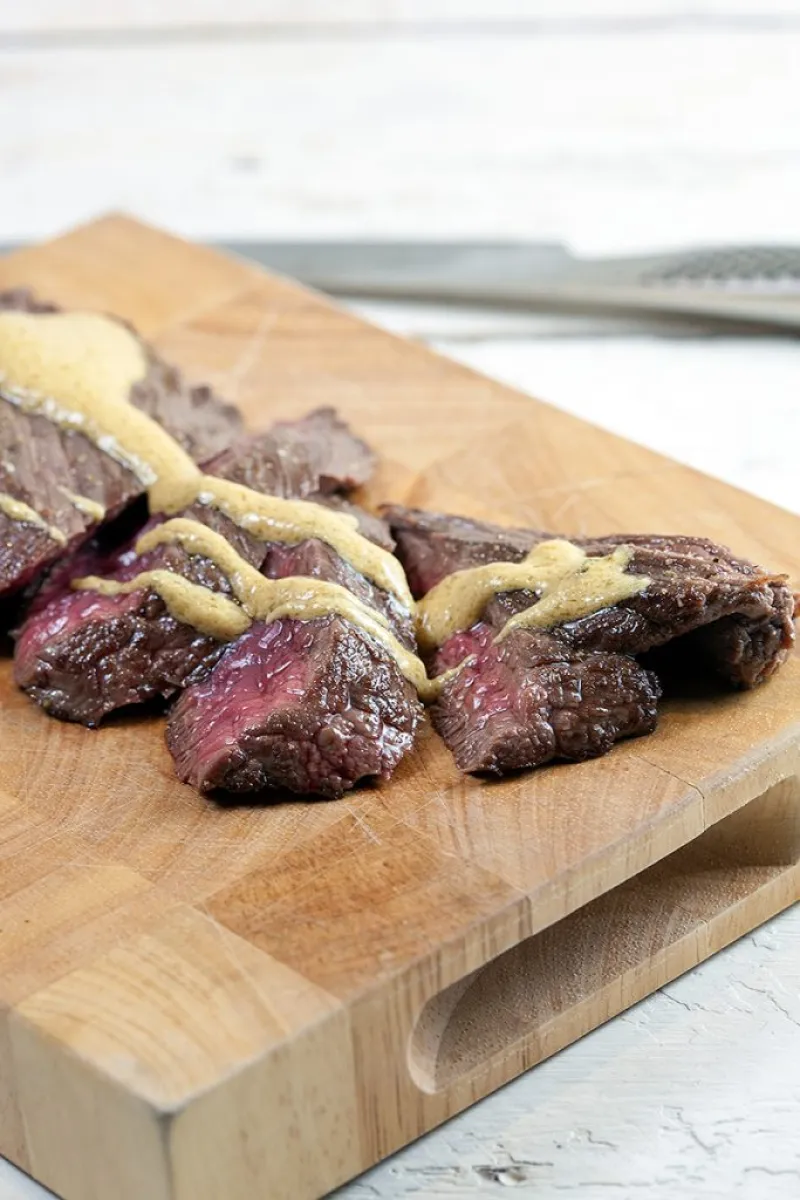 Bavette steak with mustard sauce