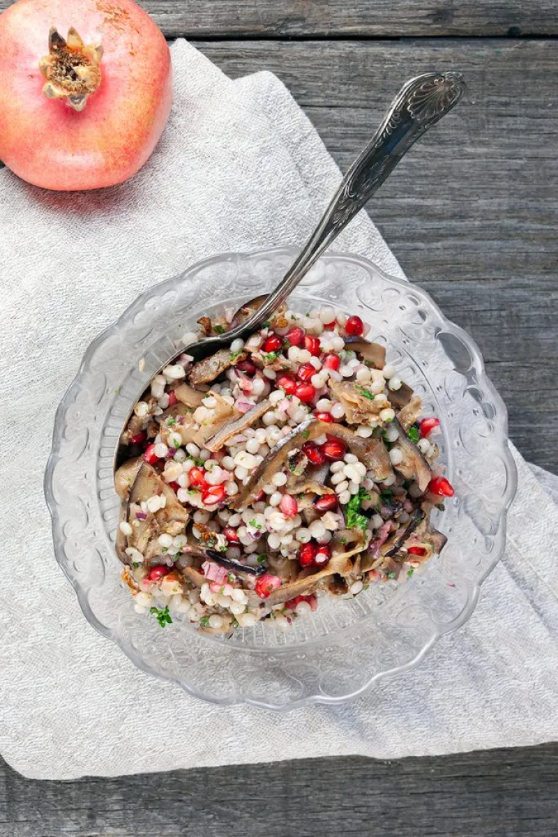 Pomegranate, eggplant and pearl couscous salad
