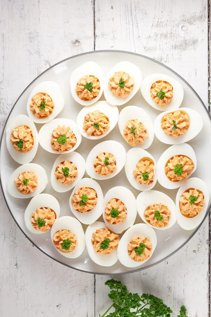 Roasted red pepper deviled eggs