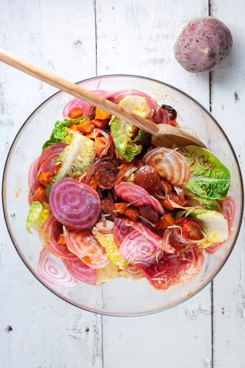 Sweet potato, chorizo and chioggia beet salad