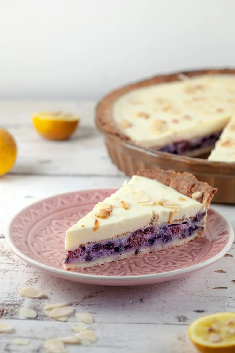 Red fruit and almond pie with yuzu mousse